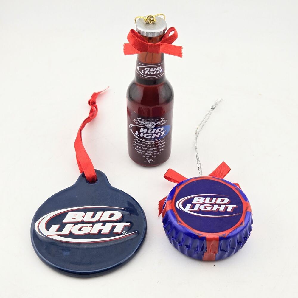Bud Light Beer Christmas Ornaments Lot 3 Bottle Cap Flat Disc 2008 Encore Group